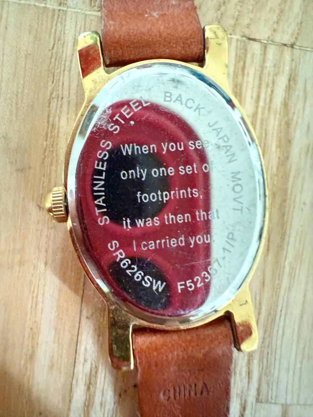 Avon Christian theme footprints oval brown leather watch NEW BATTERY
